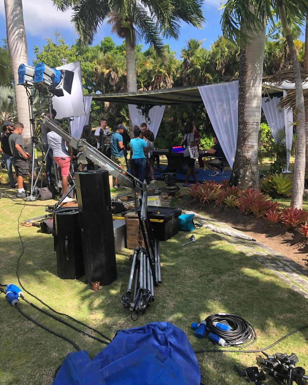 Lights, a jib and crew set up for a shoot under palm trees